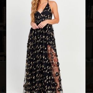 Altar’d State Arabella Maxi Dress w/ Leg Slit Size S Black/Gold Black Tie